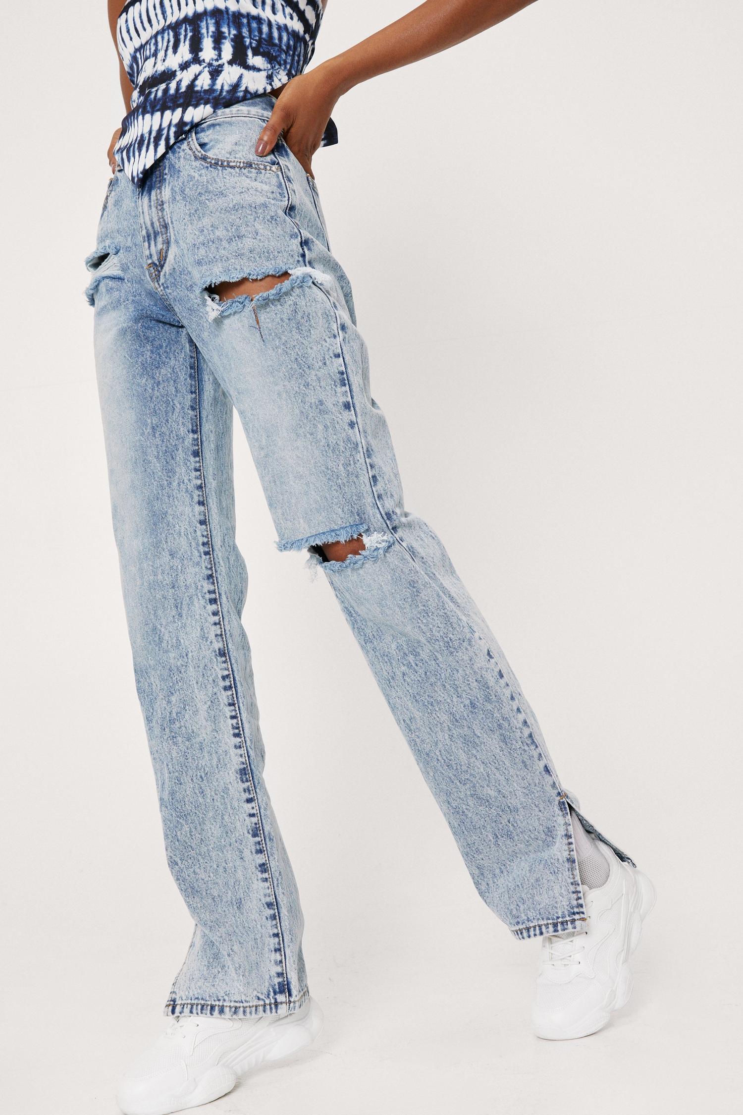 stradivarius split hem straight leg jean in bleach blue